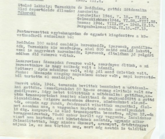 Részlet a Deportáltakat Gondozó Országos Bizottság által felvett jegyzőkönyvekből (Forrás: DEGOB-jegyzőkönyvek: 2793, MZSL)
